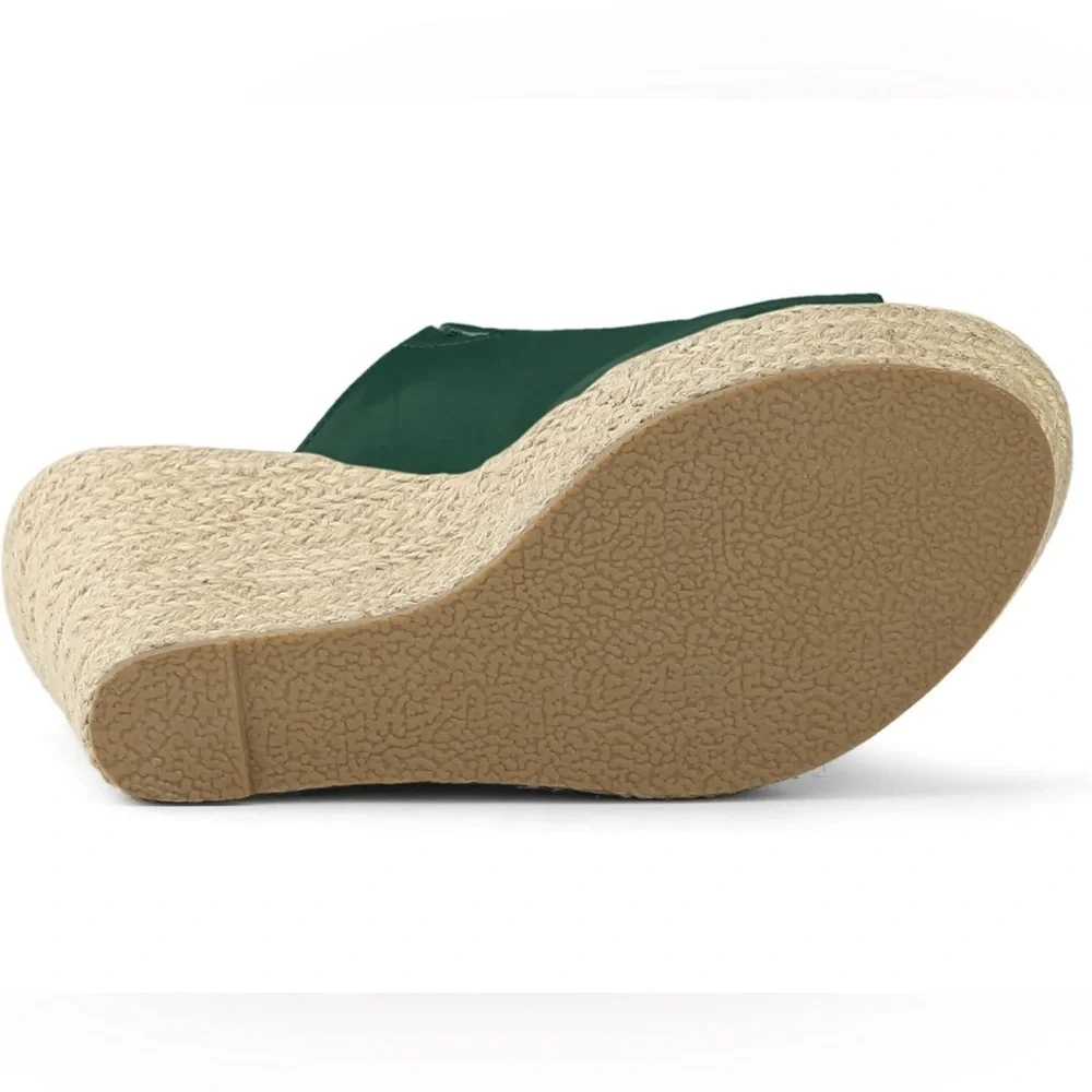 Allegra K Slip on Platform Sandals Espadrilles Wedges Slides Mules, Dark Green 9